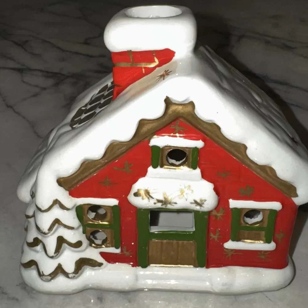 2 Vtg Christmas Tea Light‎ Candle Holder Houses Ski Chalet Cabin Smoking Chimney